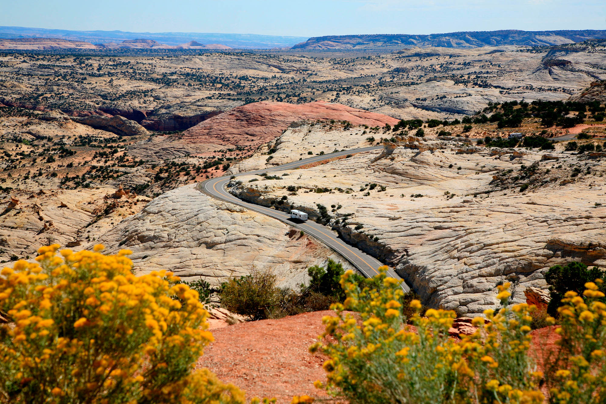 Highway 12 Scenic Byway east of Escalante, Utah 9-08 SG0367 In this view you see a section of Highway 12 A Journey through Time Scenic Byway. This breath-taking view is from the Head of Rocks overlook about 10 miles east of Escalante, Utah.